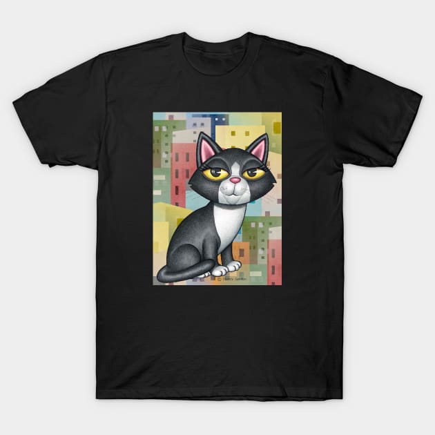 Black and white kitty cat with a cityscape with orange and yellow T-Shirt by Danny Gordon Art